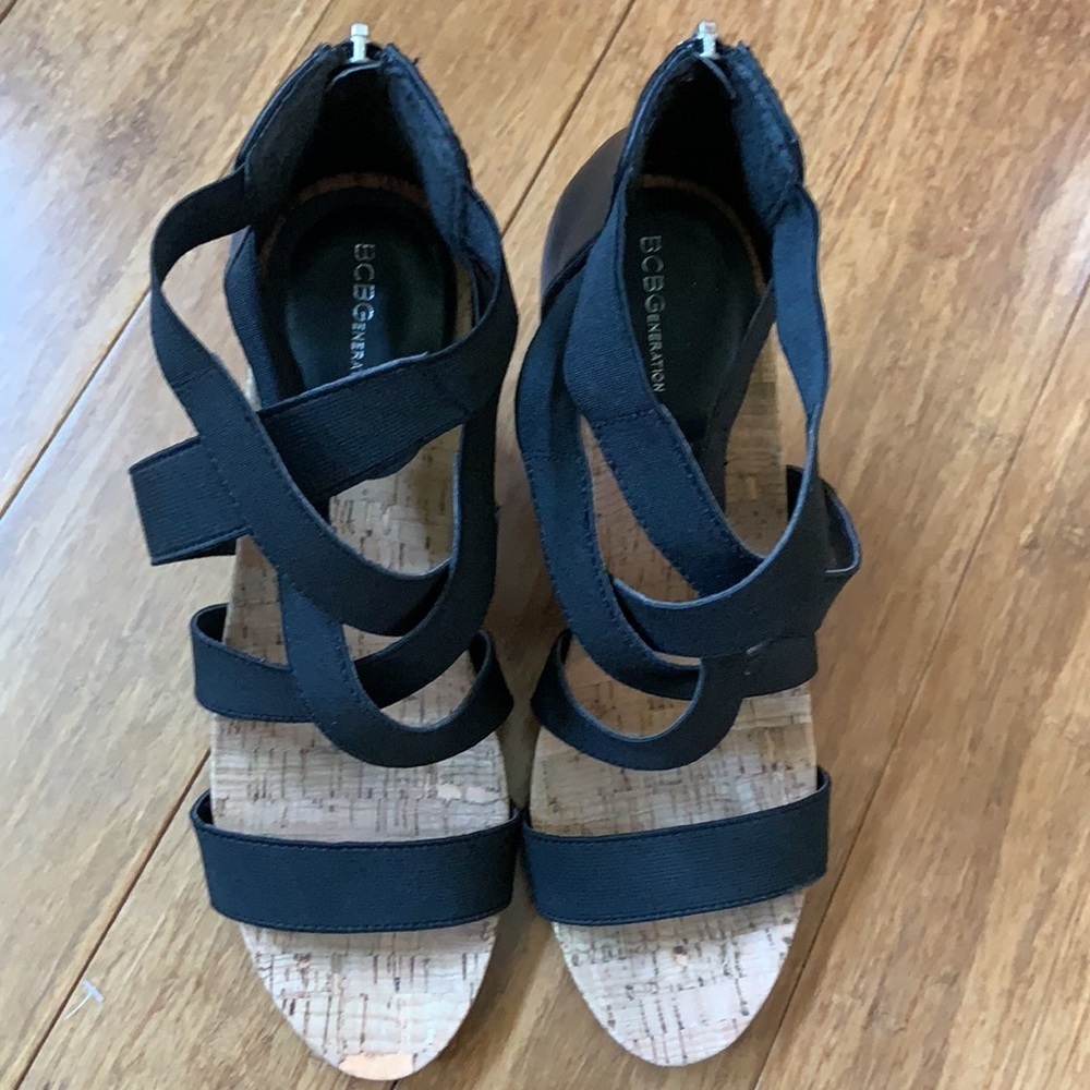 BCBGeneration Wedge Strappy Sandals Black 9 1/2 - Picture 4 of 6